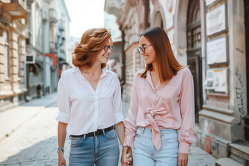 A photo of two happy women walking in the city. Carrying backpacks and smiling at each other while talking about something funny on their way home from school.