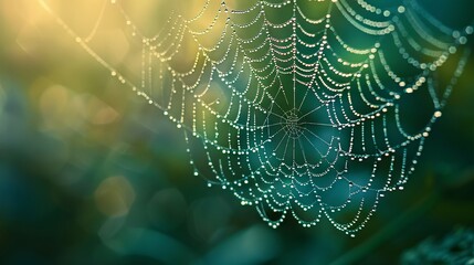 Morning dew on a spider web with soft focus on glistening drops