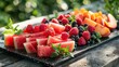 an image of a summer fruit platter with slices of watermelon, peaches, and berries, arranged in an inviting and artistic manner, set outdoors on a picnic table with natural lighting.