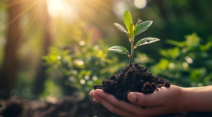 Hand holding soil with young plant, representing nature, environment, man's hands planting seedling in garden on sunny day, Earth Day background. Ecology concept.