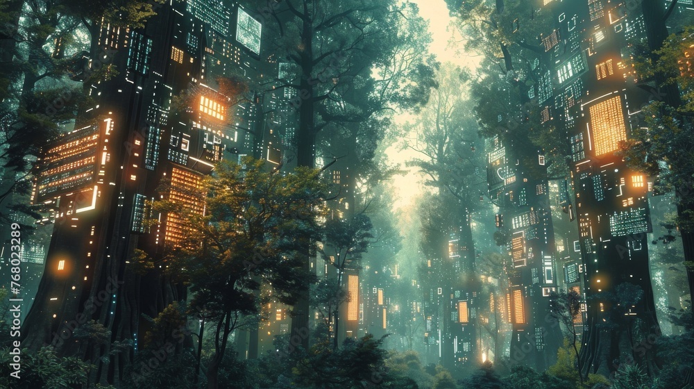 an image that fuses digital and natural worlds, showing a forest where ...