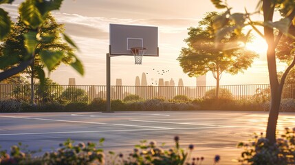 Wall Mural - Basketball court outside, simple style, sunset glow, spring's greenery backdrop. Spring blooms frame outdoor basketball area, golden sunset glow on hoop.