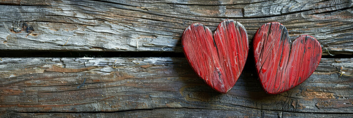  red wooden hearts on an old wood background, copy space concept for Valentine's Day, love and  romantic date , gift banner, banner design.