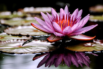 Wall Mural - A beautiful pink flower is floating on the surface of a pond.