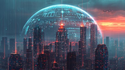 Illustrate a digital city under a protective dome with symbols of the NIS2 Directive and Cyber Resilience Act engraved on it, signifying the security and compliance umbrella these regulations provide