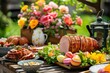 Easter family dinner celebration in the garden with a table set featuring a delicious ham, colorful eggs, and spring decorations