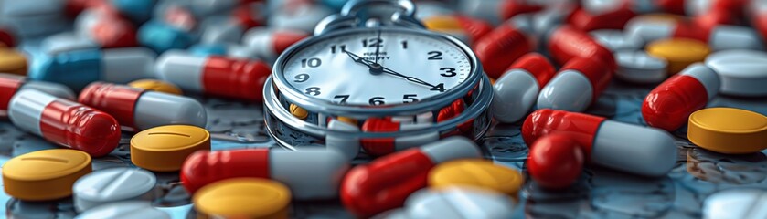 Illustration of a stopwatch and antibiotics, symbolizing the persistence and time required to combat tuberculosis effectively Prime Lenses