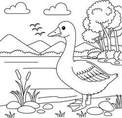 Wall Mural - Cute kawaii goose and river background cartoon character coloring page vector illustration