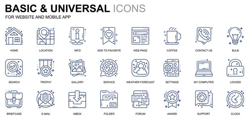 Wall Mural - Simple Set Basic Line Icons for Website and Mobile Apps. Contains such Icons as Location, Briefcase, Lamp, Support, Business, Award. Conceptual color line icon. Pictogram pack.