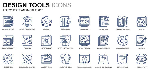 Leinwandbilder - Simple Set Design Tools Line Icons for Website and Mobile Apps. Contains such Icons as Creative, Developing, Precision, Vision, Sketch. Conceptual color line icon. Pictogram pack.