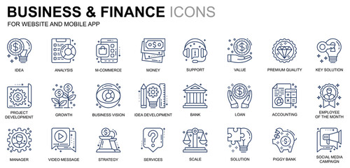 Poster - Simple Set Business and Finance Line Icons for Website and Mobile Apps. Contains such Icons as Analysis, Money, Accounting, Strategy, Bank. Conceptual color line icon. Pictogram pack.