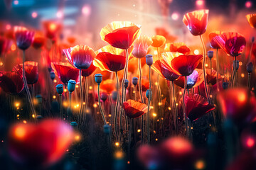 Wall Mural - a field of flowers with a single red flower in the middle.