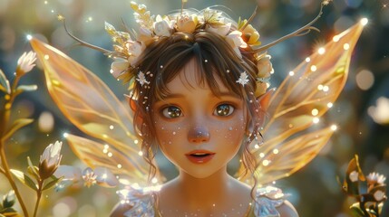An enchanting fantasy fairy with luminous golden wings and a delicate floral crown bathed in soft sunlight.