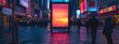 Raising cybersecurity awareness in public spaces, interactive digital billboard in a city square, twilight