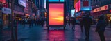 Raising cybersecurity awareness in public spaces, interactive digital billboard in a city square, twilight