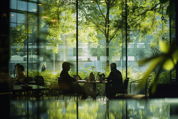 Two friends enjoying a peaceful moment at a table by the window with a view of trees in the background