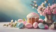 Traditional Easter symbols. Colorful easter eggs, pink springtime flowers, pascha cake. Beautiful pastel colours. 