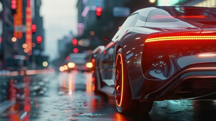 Urban Night Drive, Sleek modern car with dynamic rear lights reflecting on the wet city street, showcasing advanced automotive technology