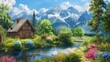 Beautiful rural summer landscape with old wooden houses near the river. Beautiful flowers and trees with mountains
