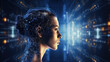 © Art AI Gallery - Double exposure of woman head and data interface. Mixed media .