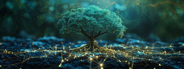 Wall Mural - Visual metaphor of a digital tree with roots shaped like a network, showing the organic growth of cybersecurity measures.