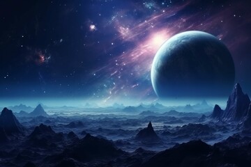 Wall Mural - a deep space landscape with a distant planet, stars and galaxies