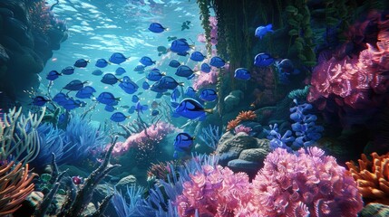 An underwater reef with blue fish swimming around a thriving coral garden in the flowing waters.