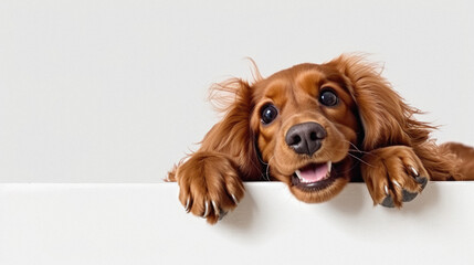 Cavalier King Charles Spaniel puppy peeking out from behind a white banner