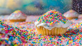 Fototapeta Do akwarium - cupcakes with sprinkles, Delicious Cupcake with Rainbow Sprinkles, Frosted Cupcake on a Bed of Colorful Sprinkles, Sweet Cupcake with Rainbow Sprinkles, generative ai