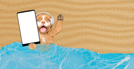 Fototapete - Happy Mastiff mastiff puppy wearing headphones lying at sunny beach and showing big smartphone with white blank screen in it paw. Empty space for text