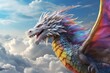A majestic dragon soaring across a sky filled with swirling clouds and a rainbow of colors