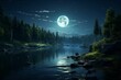 A magical lake, surrounded by lush green forests, illuminated by a bright full moon