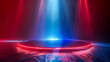 3D round podium with rays effect. Vector blue glow scifi teleport with sparks and hologram, technology background.
