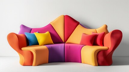 A colorful couch with pillows and a pillowcase. The couch is made up of different colored pieces, and the pillows are also colorful. The couch is arranged in a circle