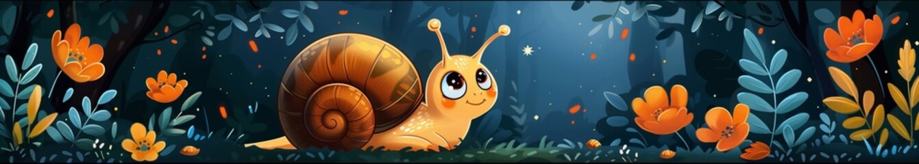 Children's cartoon style illustration of a snail in the forest