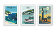 London, England. Looe, Cornwall. Lulworth Cove, Dorset - Set of 3 Vintage Travel Posters. Vector illustration. High Quality Prints
