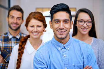 Wall Mural - Colleagues, smile and portrait in office for teamwork, collaboration and professional career in company. Face, proud designers or group of happy people for business or diversity on project for job