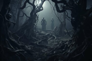Wall Mural - haunted forest with ghostly apparitions and twisted trees.