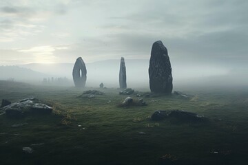 Mysterious stone circle in misty moor