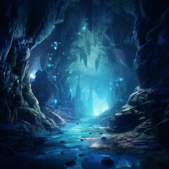 Wall Mural - ai-generated underwater cave with glowing crystals and mysterious creatures