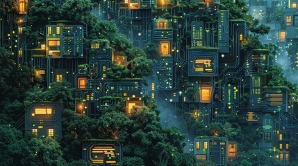 A magazine spread for an article on the future of eco-tech, illustrated with this lush, integrated circuitry