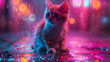 kittens sitting side by side. there's a bokeh colour effect in the background The scene has a dark feel to it with a light shining from above.