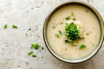 Wall Mural - A bowl filled with creamy soup, garnished with fresh green onions. Southern-inspired, rustic style food photography