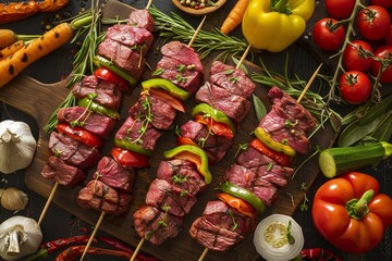 Wall Mural - A wooden cutting board displaying fresh meat and assorted vegetables for cooking preparation