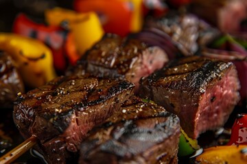Wall Mural - Close-up view of steaks and vegetables cooking on a grill, showing charred grill marks and sizzling ingredients