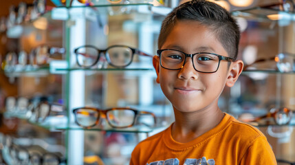 Wall Mural - A young Mexican boy wearing glasses smiling as the child kid stands in front of a display case of glasses at an eye retail store