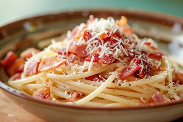 Wall Mural - Close-up of a bowl of spaghetti pasta topped with crispy bacon and grated parmesan cheese