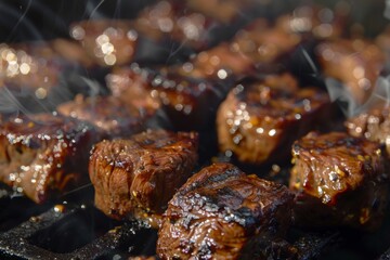 Wall Mural - A detailed view of meat cubes sizzling on a hot grill, cooking to perfection