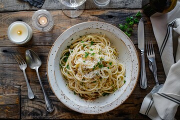 Wall Mural - A plate filled with spaghetti topped with generous amounts of Parmesan cheese and fresh parsley
