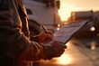 close-up of a cargo dispatcher writing on a clipboard. It's an outdoor setting, probably a truck parking lot, indicated by the partial view of a white truck and the lighting suggesting late afternoon